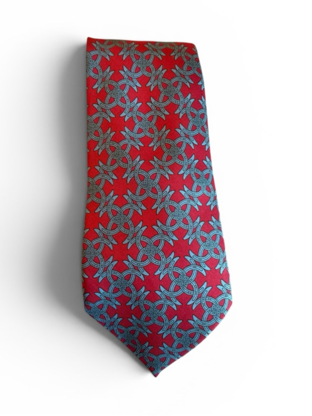 Hermes Red Silk Tie with Blue Geometric Horseshoe Motif - 646 TA